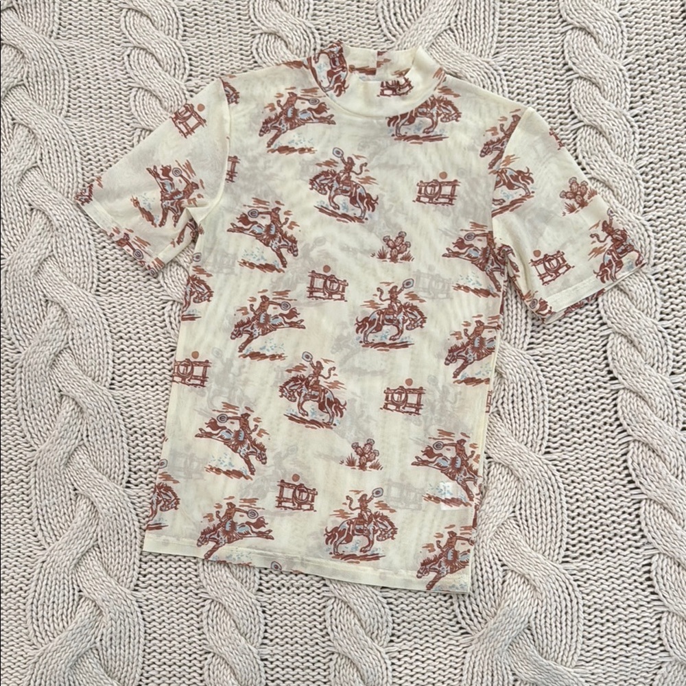 Vintage Western Print High-Neck Sheer Top